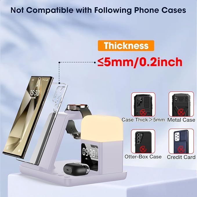 Wireless Charger for Samsung/Android, 6 in 1 Phone Nightstand Charging Station Charger with Alarm Clock/Night Light for Samsung S25/S24/S23 Ultra/Buds3 Pro,Watch Charger for Galaxy Watch 8/7/6-Purple