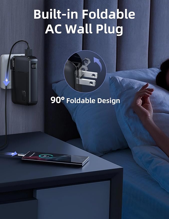 RORRY Portable Charger Built in Cables, AC Wall Plug In Portable Charger Power Bank 10000mAh Travel Battery Pack 22.5W Fast Charging for iPhone 16/15/14 Samsung Galaxy S24/S23/S22 Pixel LG iPad, Black