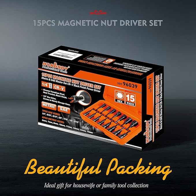 HORUSDY 15-Piece Magnetic Nut Driver Set with Storage Case, Wide Size Range SAE & Metric Impact Hex Drill Bit Kit with 1/4" Quick-Change, for Mechanics, DIY, Home & Automotive Projects