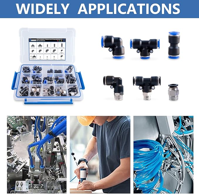 45PCS Air Line Fitting Kit, NPT Thread Push To Connect Fittings, Nylon Tubing 1/4, 3/8, 1/8, 1/2" Quick Connect, Air Line Fittings assortment kit for Automotive Car or Industrial Workshops