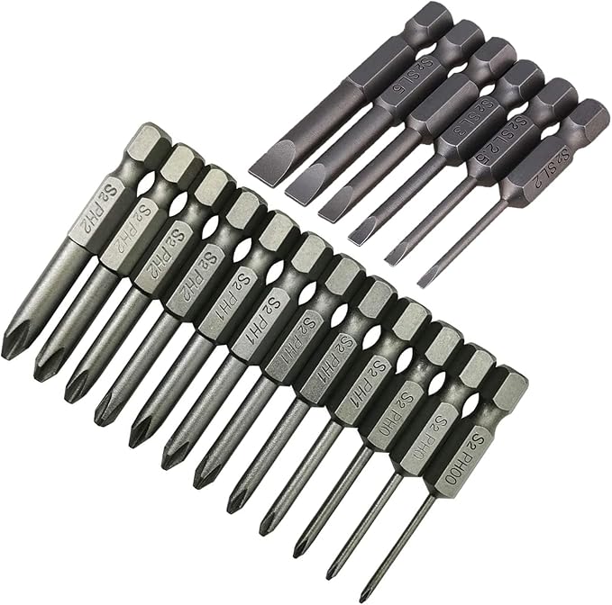 aiyun 18 Piece Slotted Phillips Head Drill Bit Set, 1/4 Inch Hex Shank S2 Steel Magnetic 2Inch Long Screwdriver Bits with Storage Box (Slotted Phillips)