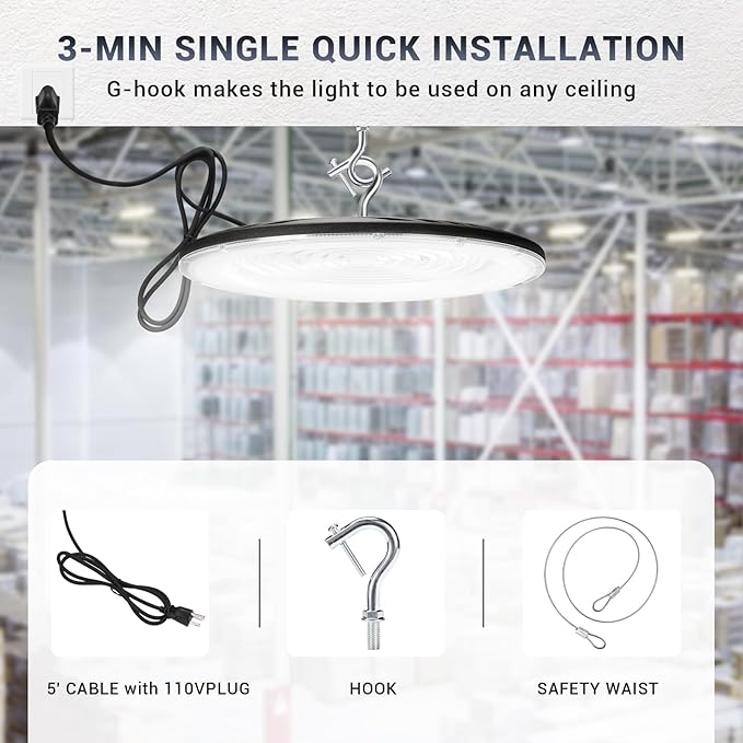 6 Pack 250W UFO Led High Bay Light,120VAC,5000K Daylight Commercial Bay Lighting,IP66 Waterproof,41050LM,1150W MH/HPS with Plug Area Lighting for Warehouse/Shop/Workshop/Barn/Gym/Factory