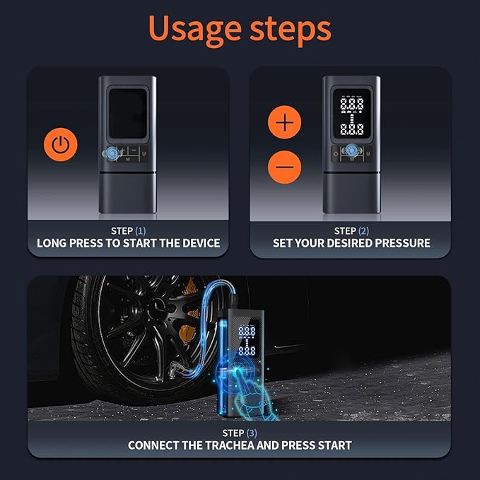 Tire Inflator, Portable Air Compressor for Car with Touch Screen, 150PSI Cordless, Fast Inflation (0-2.5BAR in 10min), Power Bank & LED Light, Auto Shut Off for Bike, Motorcycle, Ball-Black