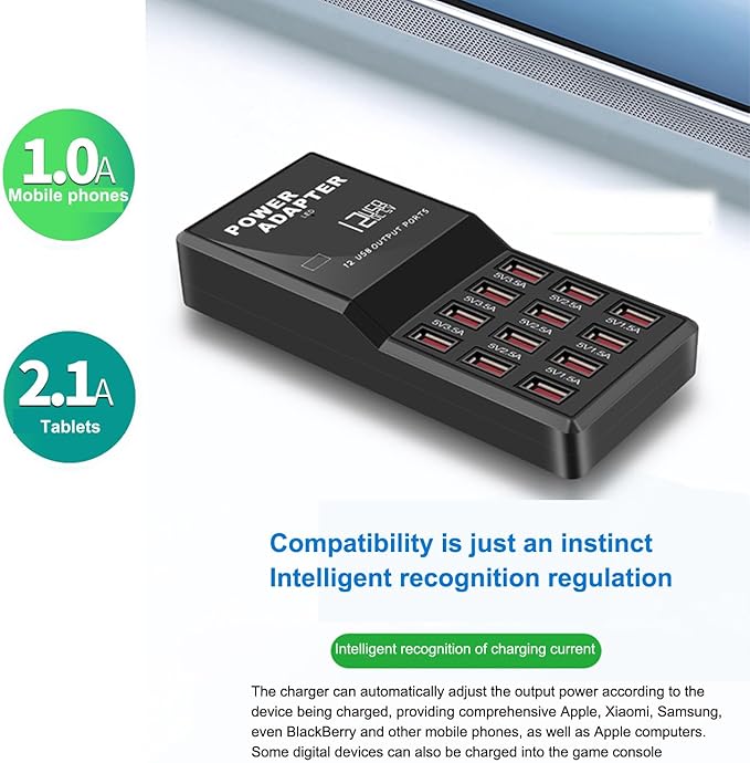 MaxLax USB Charger Station,12-Port 60W Multiple USB Charging Station,Multi Ports Charger Charging for Smartphones,Tablets,and Other Devices.