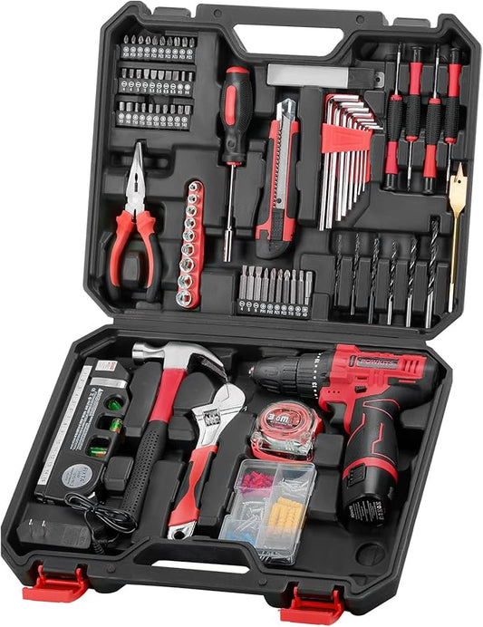 Cordless Drill Tool Set: 12V Power Drill Tool Kit with Battery & Charger, 142Pcs Home Hand Repair Tools Box, Portable Household Basic Drills Case for Men & Women, Red