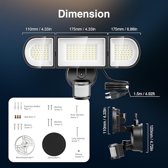 130W Motion Sensor Light Outdoor Plug in, 13000LM LED Security Lights with Remote Control, 3 Adjustable Heads, 3 Modes, Plug in Flood Lights Outodoor IP65 Waterproof for Garage Yard (Black)