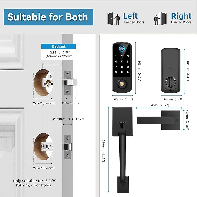 Keyless Entry Door Deadbolt with Handle Set, BEBASIA Fingerprint APP Smart Door Lock, Digital Keypad Bluetooth Deadbolt Lockset with Auto Lock Code Fob Black