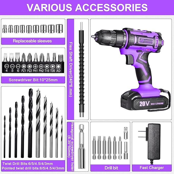 Purple 20v Cordless Drill With Battery And Charger, Electric Screwdriver Kit, 25+1 Torque, Stud Finder Ready,Front LED Light