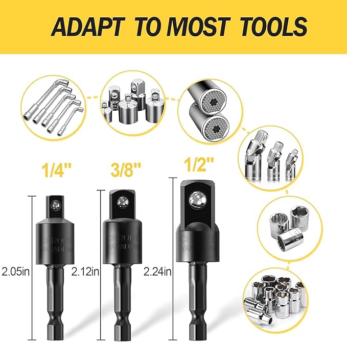 Impact Grade Driver Sockets Adapter Extension Set Drill Bit 3Pcs 1/4 3/8 1/2" 360°Rotatable Universal Socket Adapter Set+Right Angle Drill 105°Right Angle Screwdriver set Drill Hex Bit Socket Adapte
