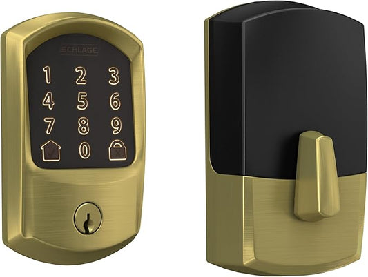 Schlage Encode Smart WiFi Deadbolt Lock for Front Door - Keyless Entry with App or Touchscreen - Compatible with Alexa, Hey Google, & Airbnb - Create Codes for Guests - Satin Brass Gold