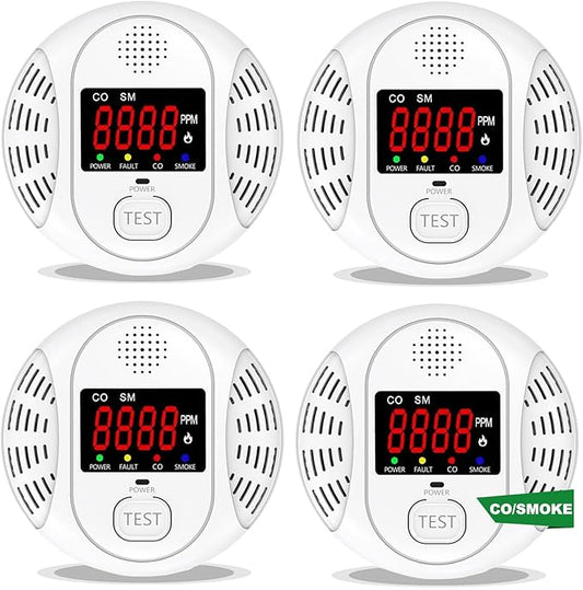 Carbon Monoxide and Smoke Detector Equipped with LCD Display, Battery Powered, Dual Sensor Alarm, 85dB Voice Alarm and Real-time CO Tracking, Suitable for Home/Kitchen/Bedroom/RV 4Pack