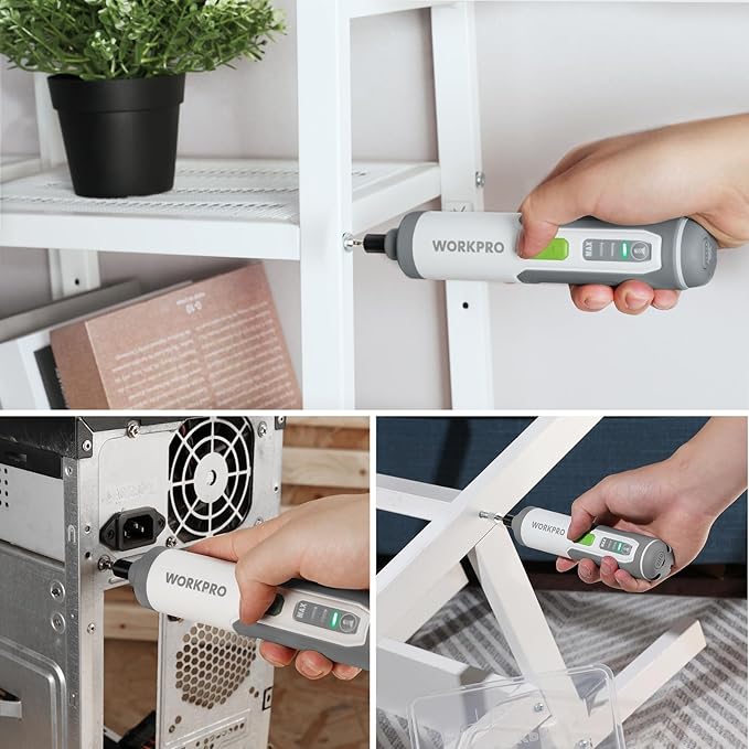 WORKPRO 4V Electric Screwdriver, Rechargeable Cordless Screwdriver Set with 35 Bits, Extension Rod, USB Charging Cable in Carrying Case, LED Light, White Gray