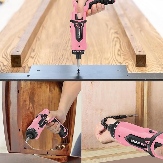 Enertwist Electric Screwdriver, 8V Max 10Nm Pink Cordless Screwdriver Rechargeable Set with 82 Accessory Kit and Charger in Carrying Case, 21+1 Cluth, Dual Position Handle, LED Light