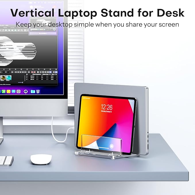 OMOTON Vertical Laptop Stand for Desk, Acrylic Dual Laptop Holder Desktop Clear Adjustable Dock for MacBook Pro Air, HP, All Gaming Laptops up to 17” (Clear, Dual Slot)