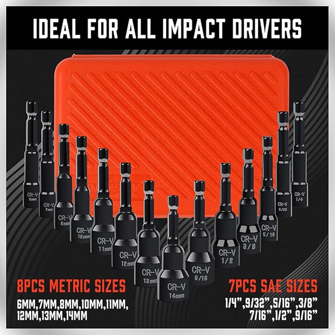 HORUSDY 15-Piece Magnetic Nut Driver Set with Storage Case, Wide Size Range SAE & Metric Impact Hex Drill Bit Kit with 1/4" Quick-Change, for Mechanics, DIY, Home & Automotive Projects