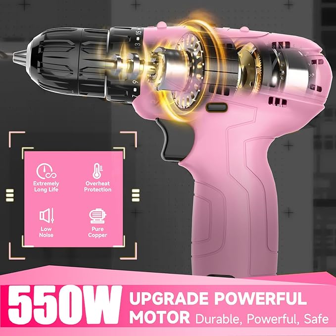 Cordless Drill Set,12V Power Drill Set with Battery and Charger, Electric Driver Drills Bits, 3/8'' Keyless Chuck,18+1 Torque Setting with LED Electric Drills Set, Pink