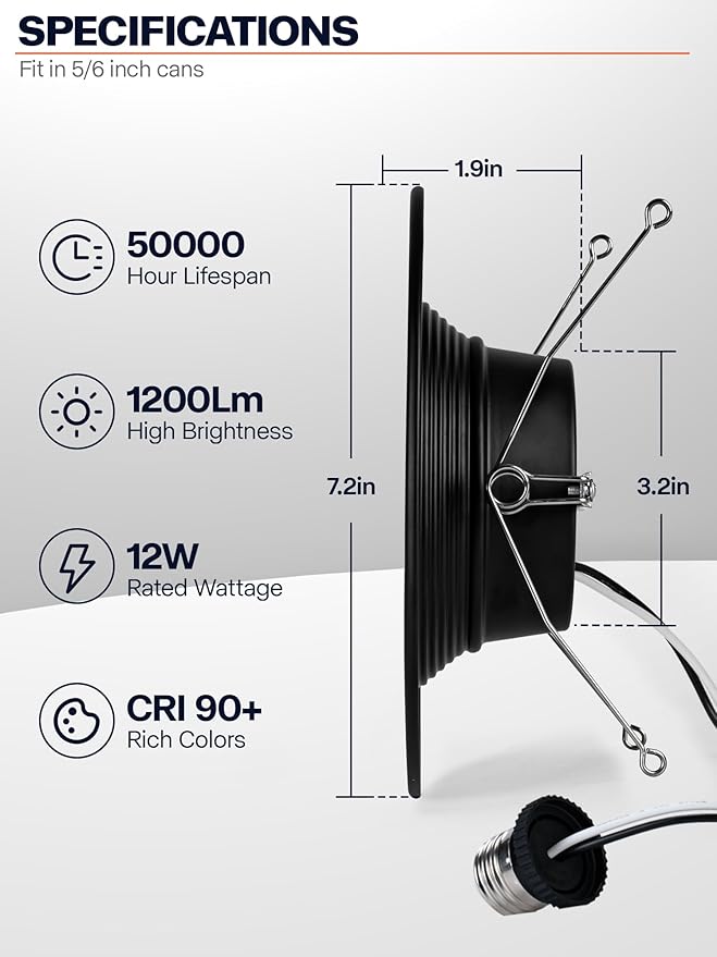 1 Pack 5/6 Inch Black LED Can Lights Retrofit Recessed Lighting, 5CCT 6 Inch Recessed Lights Selectable 2700K-6000K Dimmable, 12W=75W, 1200LM Downlight with Metal Smooth Trim-ETL and Energy Star