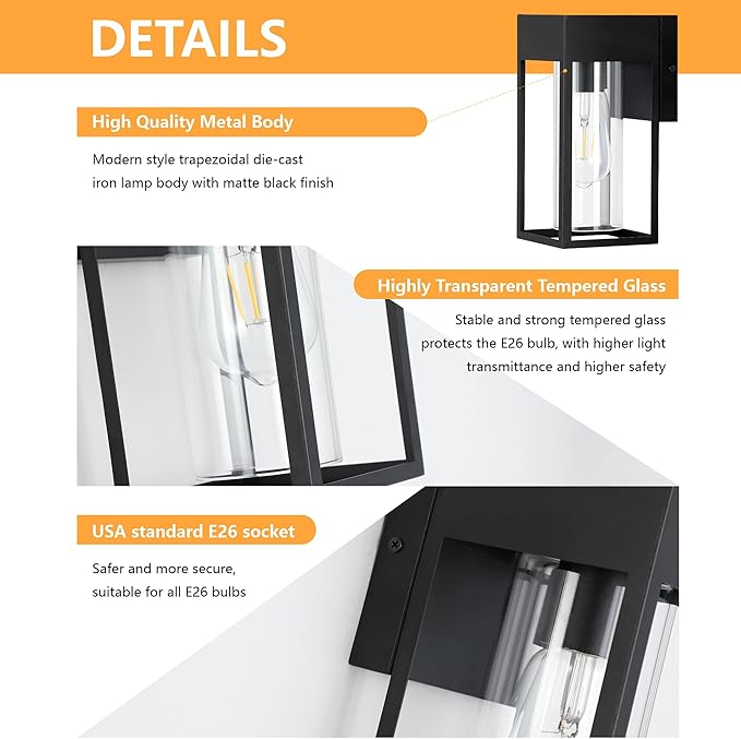 2-Pack Outdoor Wall Light Fixture, Exterior Porch Light with E26 Sockets &Glass Shades, Modern Wall Sconce for House Patio Garage Door