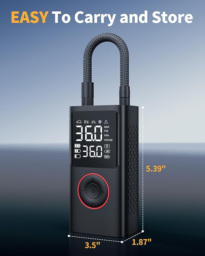 Tire Inflator Portable Air Compressor, 150 PSI Cordless Bike Pump, Air Pump for Auto, Motorcycle, Bicycle, Balls with Pressure Gauge, LED Light & Car Accessories, Black, Medium