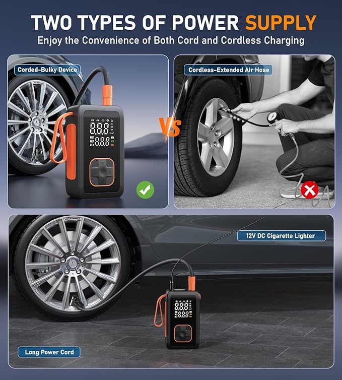 Tire Inflator Portable Air Compressor, 180PSI & 15000mAh Cordless Air Pump for Car Tires with Pressure Gauge, 3X Faster Tire Pump with Cigarette Lighter Plug for Car, Motorcycle, Bicycle, Ball(Black)