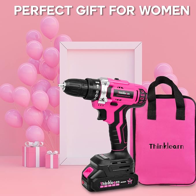 Pink Cordless Drill Set, 20V Lithium-ion Power Drill Set for Women with 67Pcs Driver Bits, 3/8"Keyless Chuck, 25+1 Position, 2.0Ah Battery, Charger and Storage Bag Included