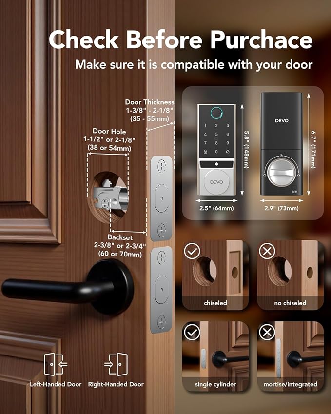 Devo G3 Fingerprint Smart Door Lock, Keyless Entry Door Lock, App Control, Smart Locks for Front Door, Smart Deadbolt Lock, Built-in Wi-Fi, Touchscreen Keypad, 8 Months Battery, IP54 Waterproof