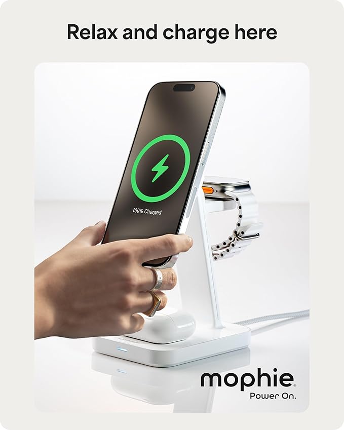 Mophie Snap+ 3-in-1 Wireless Charging Stand - MagSafe & Qi2 Certified, Compatible with iPhone 16/15/14/13/12, Apple Watch, AirPods - Multi-Device Magnetic Charging Station, Eco-Friendly Design, White