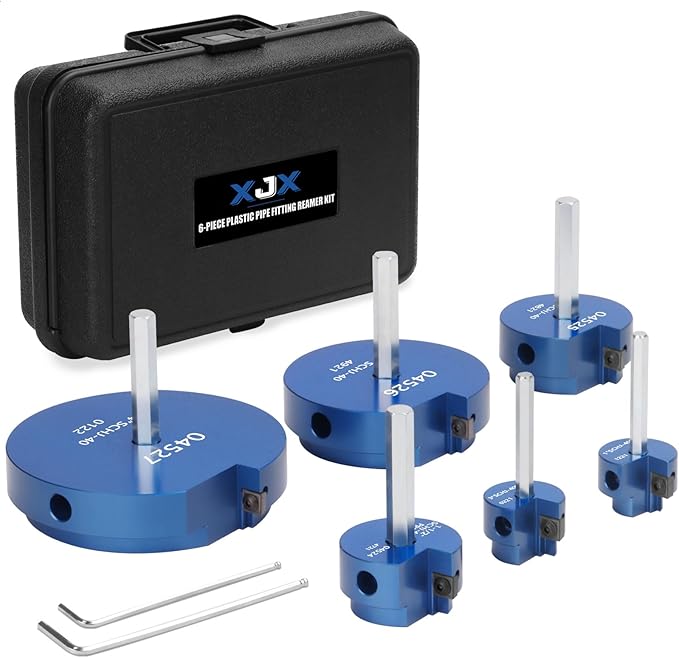 XJX 6-Piece PVC Pipe Reamer Kit, 3/4”, 1”, 1-1/2”, 2”, 3”, 4” Head PVC Fitting Socket Saver with PPR75, PPR100, PPR150, PPR200, PPR300 and PPR400 fit into standard 1/2" drills