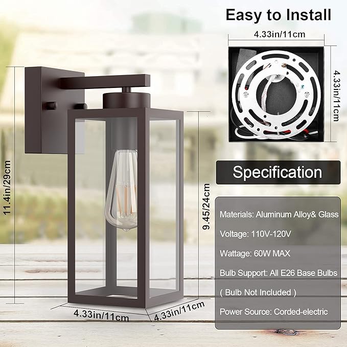 Tipace Dusk to Dawn Outdoor Wall Lantern,Brown Sensor Exterior Light Fixtures,Exterior Wall Sconce with Clear Glass Shade for Doorway Entryway Garage 2 Pack (Bulb Not Included)