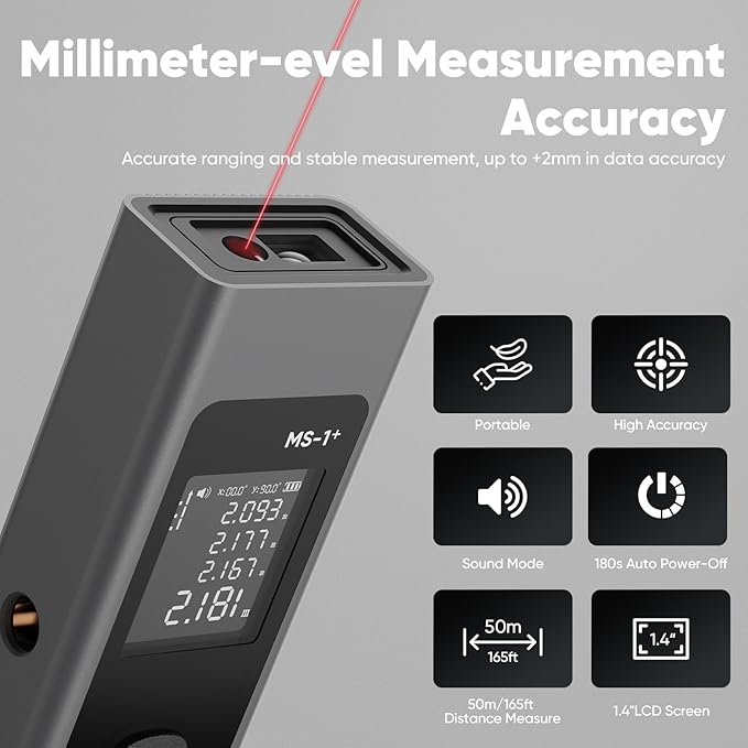2-in-1 Laser Measure & Line Laser 165 FT - Distance Meter with Cross-Line, Laser Level with 3 Lasers Heads, 1.4" LCD, Type-C Rechargeable- Area/Volume/Pythagorean for Construction, Tiling, DIY