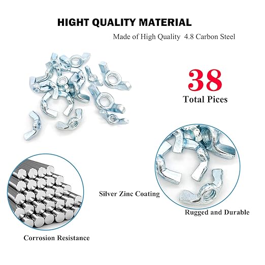 38 Pcs 5 Sizes 5/32",3/16",1/4",5/16",3/8" Wingnuts, Quality Carbon Steel Wing Nuts Zinc Plated Fasteners Parts Butterfly Nut, Hand Twist Tighten Hardware Nuts Butterfly Wing-Nut Assorted Kit