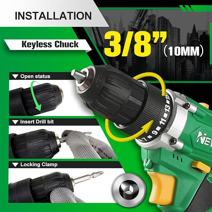 NEWBEAT Cordless Drill Set, 12V Power Drill Driver with 1 Battery and Charger, 3/8" Keyless Chuck, 2 Variable Speed, 15+1 Torque Setting, Drill Driver Kit for Home and DIY Project