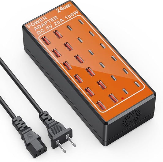 USB C Charging Station, USB Charging Hub, 100W (20A) 24 Port Desktop Wall Charger Power Strip for iPhone 16 15 14 Android Tablet Smart Watch AirPods Samsung Galaxy Pixel USB C Charger