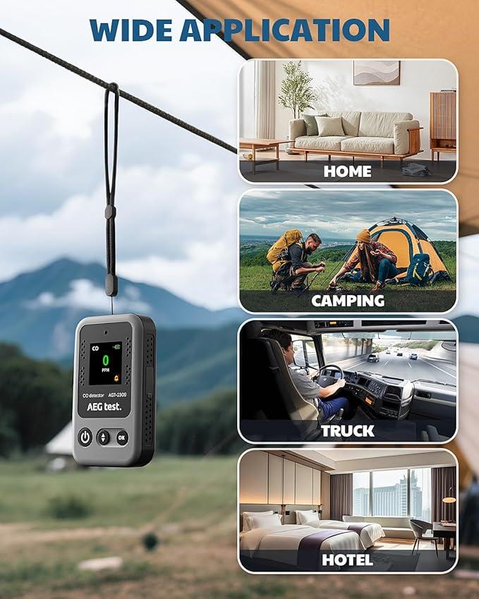 AGT-2309 Portable Carbon Monoxide Detector, 15-Day Standby, Rechargeable Mini CO Monitor with Lanyard for Travel & Camping, Handheld CO Meter with Audible & Visual Alerts, 0-1000ppm - Gray