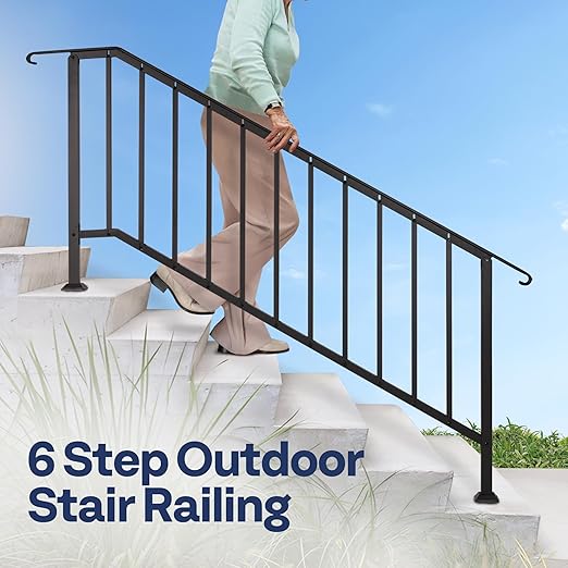 VIVOHOME 2-Pack 6 Step Galvanized Steel Hand Rails for Outdoor Steps β Curved Ends and Safety Balusters Exterior Railing for Porch, Deck, or Indoor Stairs, Complete Installation Kit