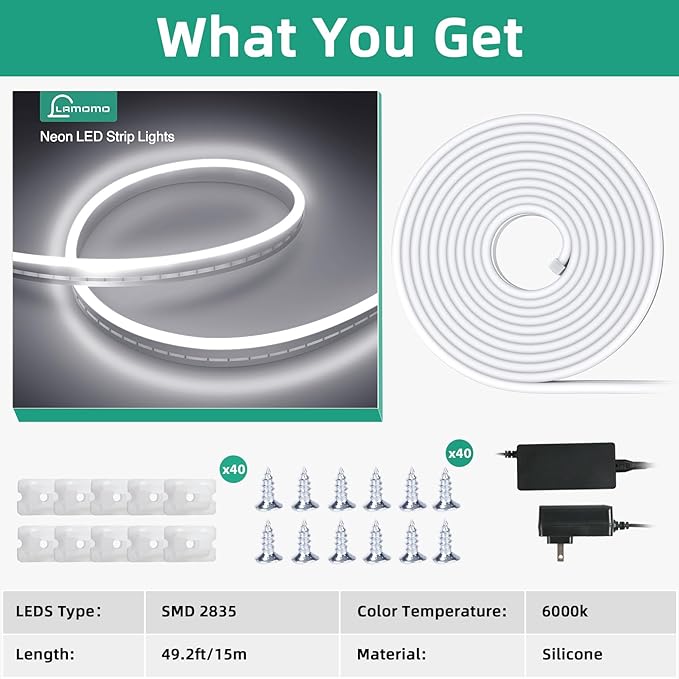 Lamomo Neon Rope Lights, 49.2ft White IP65 Waterproof LED Strip Lights, 24V 6000K Silicone 1800 LEDs Neon Lights for Indoor, Bedroom, Living Room