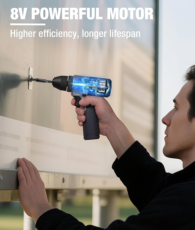 WORKPRO 8V Cordless Drill Set, 2Ah Electric Power Drill with 3/8'' Keyless Chuck, 15pcs Bits, Type-C Charging, Built-in LED and Variable Speed for Drilling and Screwing