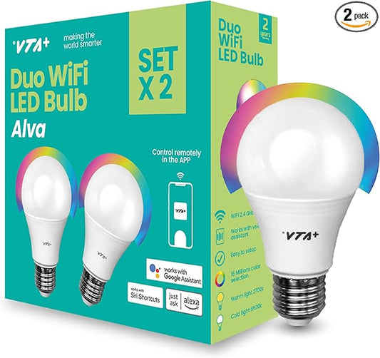 VTA+ Smart Light LED Bulb Kit x2 E27 RGB - WiFi 2.4Ghz only, Alexa and Google Home Compatible, Adjustable Colors & Temperature, Easy Installation and Setup, 9W, 800 Lumens
