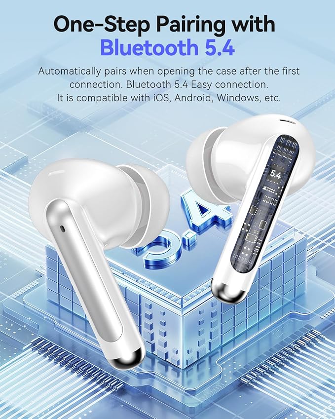 Bluetooth Headphones True Wireless Earbuds 50H Playback LED Power Display Earphones with Wireless Charging Case IPX7 Waterproof in-Ear Ear buds with Mic for Smart Phone Computer Sports, White