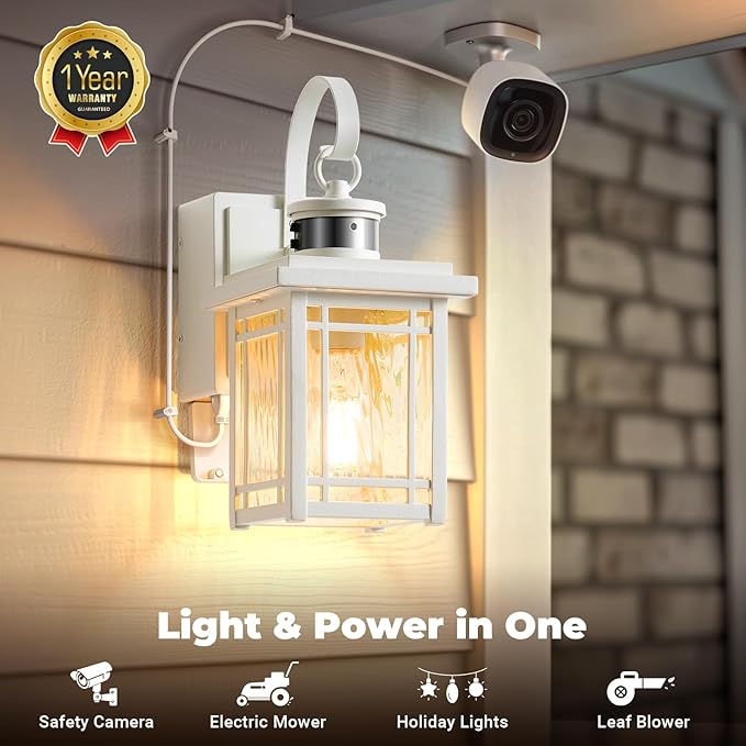 Outdoor Wall Light with GFCI Outlet, 2-Pack Motion Sensor Exterior Lighting Fixtures Wall Mount, White Front Porch Lantern Wall Sconce, Outdoor Garage Lights with Adjustable Sense Range