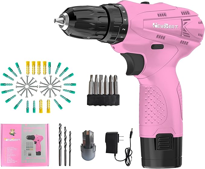 NEWBEAT Cordless Drill Set, 12V Power Drill Driver with 2 Battery and Charger, Pink Electric Drill Power Tool for Women