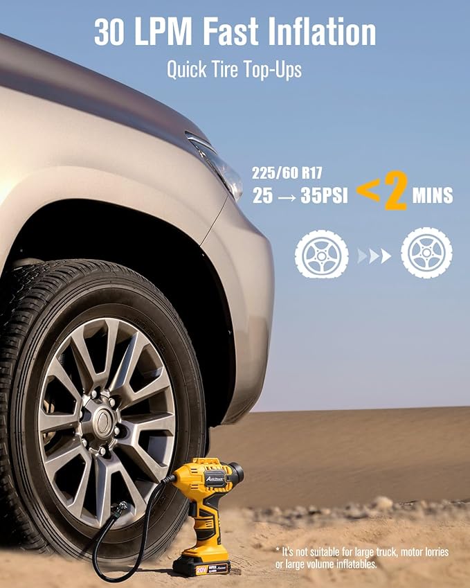 Avid Power Tire Inflator Portable Air Compressor, 20V Cordless Car Tire Pump with Rechargeable Li-ion Battery, 12V DC Adapter, Digital Pressure Gauge, Battery Powered Tire Inflator (Industrial Yellow)