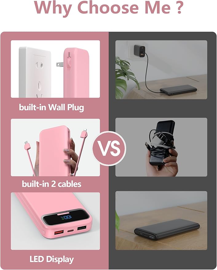 12000mAh Lightweight-Portable-Charger-Power-Bank with Built-in Cables and AC Wall Plug, PD20W USB-C Fast Charging Battery Pack, LED Display External Travel Phone Charger for All iPhone,Samsung,Android