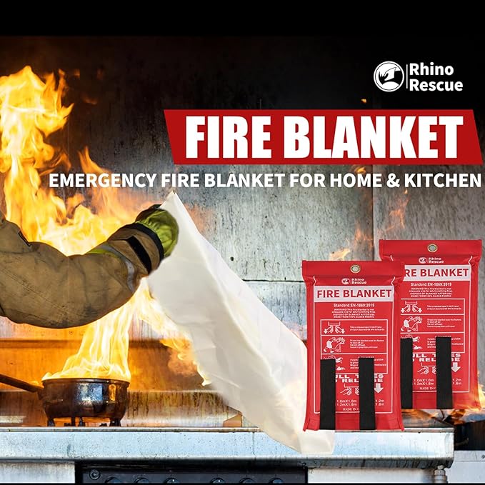 RHINO RESCUE Fire Blanket, 40''×40'' Fiberglass Emergency Fireproof Gear, Flame Retardant Protection for Home, Kitchen, Camping, Hiking, 2 Count