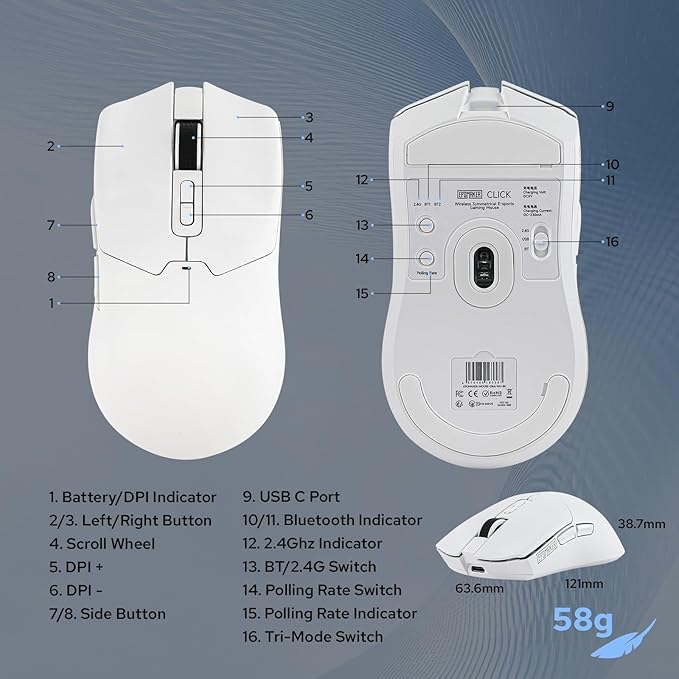EPOMAKER Click Gaming Mouse Wireless 2.4Ghz/Bluetooth/Type-C, 800 to 42,000 DPI Adjustable, 8K Polling Rate, 500mAh, Lightweight Optical Mouse, for PC/Mac/Linux (White)