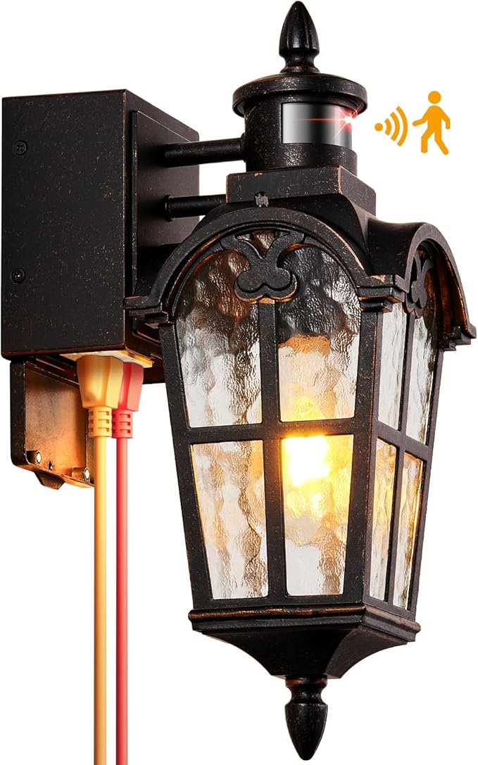 Outside Wall Lights for House with GFCI Outlet, Oil-Rubbed Bronze Motion Sensor Outdoor Lights, Dusk to Dawn Outdoor Lantern Fixture, Anti-Rust Porch Light with Outlet for Garden Front Door