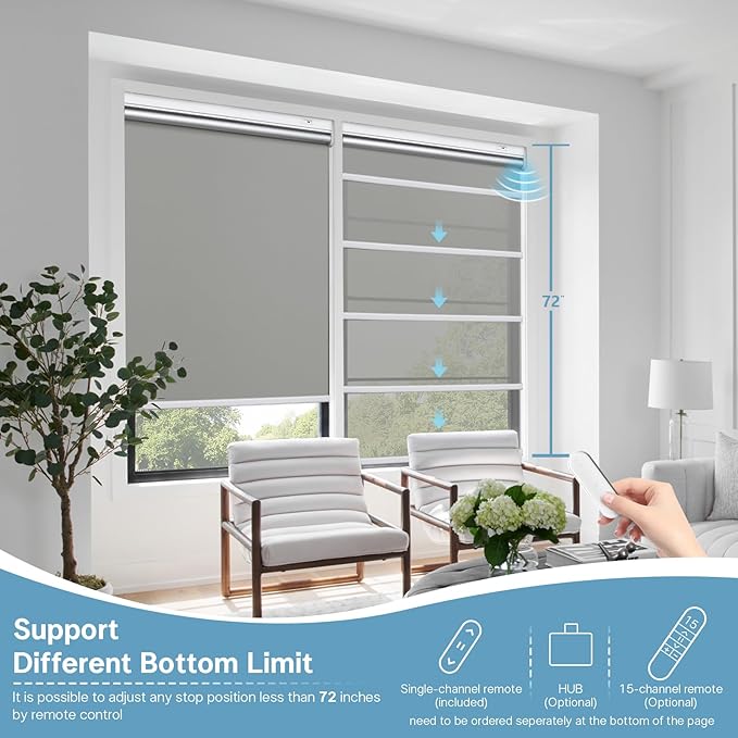 Motorized Blinds with Remote Control【Solar Panel Included】 100% Blackout Smart Roller Blinds Automatic Blinds for Windows Cordless Electric Shades Compatible with Alexa Tin Grey,34" W*72" H