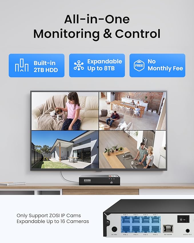 ZOSI C220 4K 8MP 8CH POE NVR Security Camera System (16CH Expandable), 4 x 8MP PoE IP Dome Cameras Outdoor Indoor, AI Human/Vehicle/Face Detection, Two-Way Talk, 100ft IR Night Vision, 2TB HDD