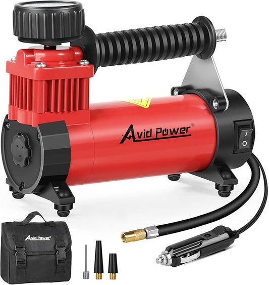 AVID POWER 12V DC Tire Inflator Portable Air Compressor, Compact Air Pump w/Copper Motor, Easy Operation 12V Tire Pump w/Carrying Case & 3 Adapters