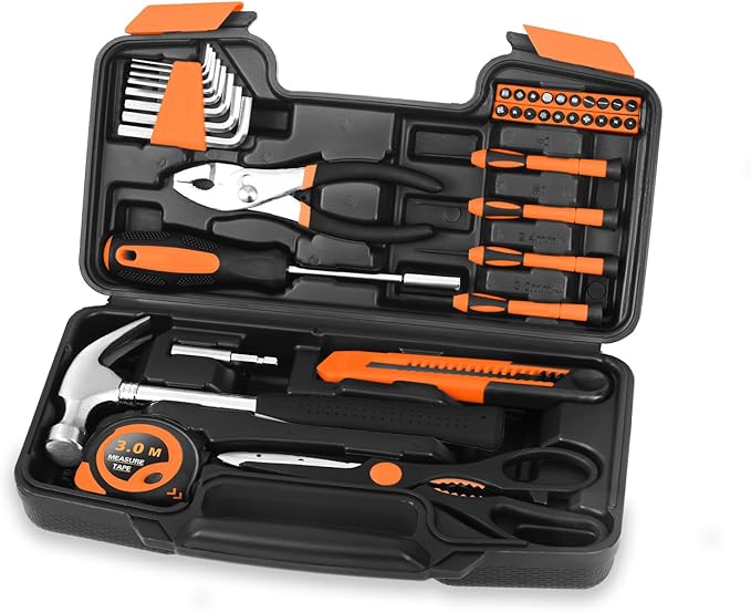 39 Piece Household Tool Set General Repair Small Hand Tool Kit Basic Home Tool Set in Toolbox Storage Case for Home Garage Office College Dormitory Use, Orange